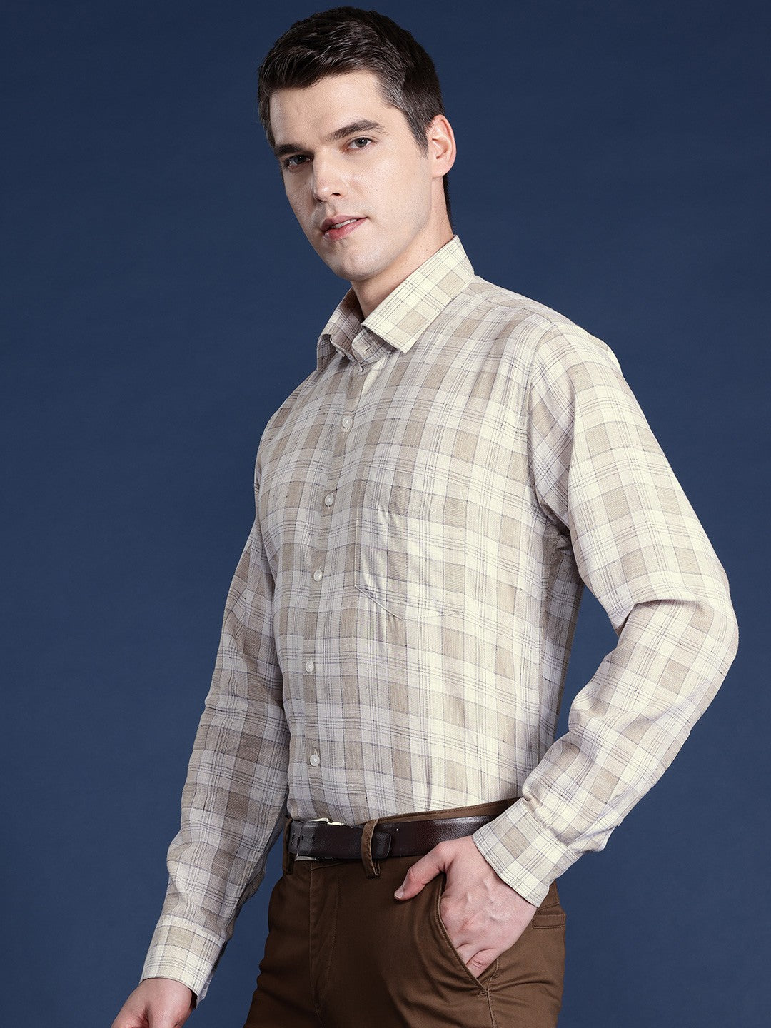 Men Beige Checked Pure Linen Cotton Slim Fit Formal Shirt