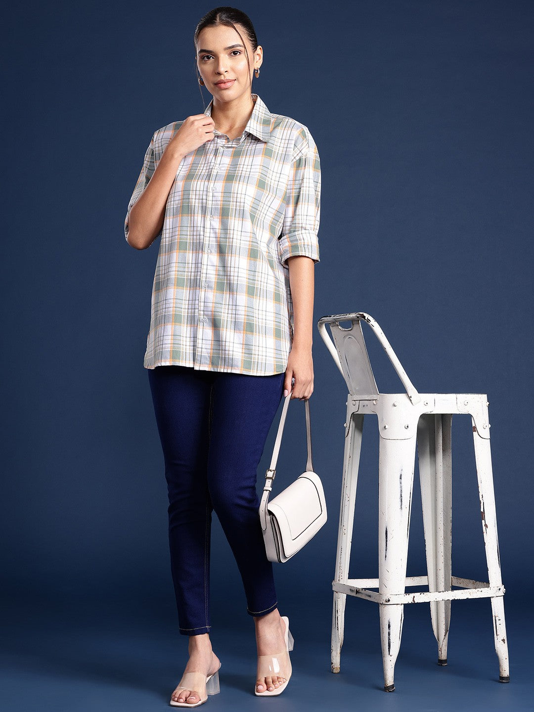 Women White Checks Pure Cotton Oversized Fit Formal Shirt