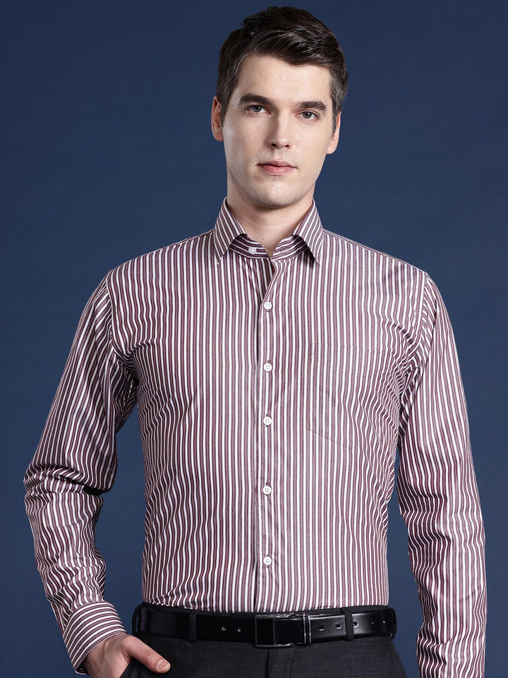 Men Wine Striped Pure Cotton Slim Fit Formal Shirt