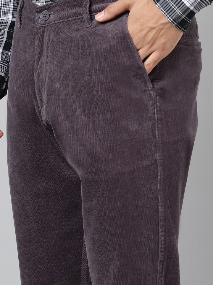 Men Grey Solid Corduroy Cotton Elastane Stretchable Slim Fit Formal Trouser