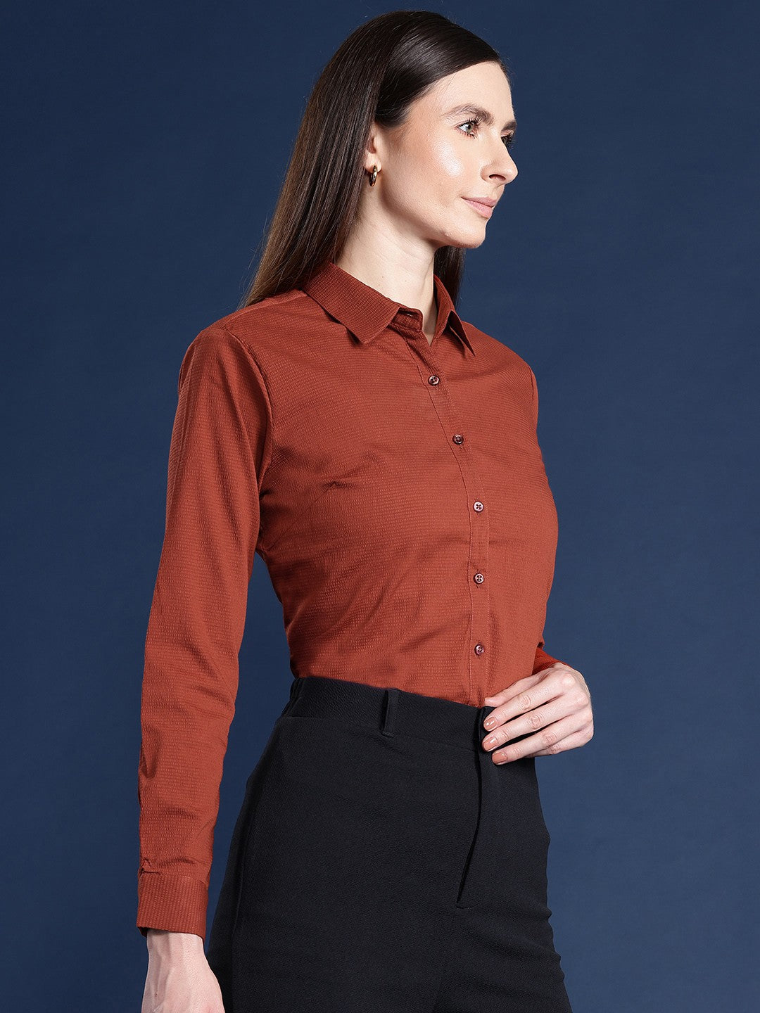 Women Rust Solid Seersucker Formal Shirt