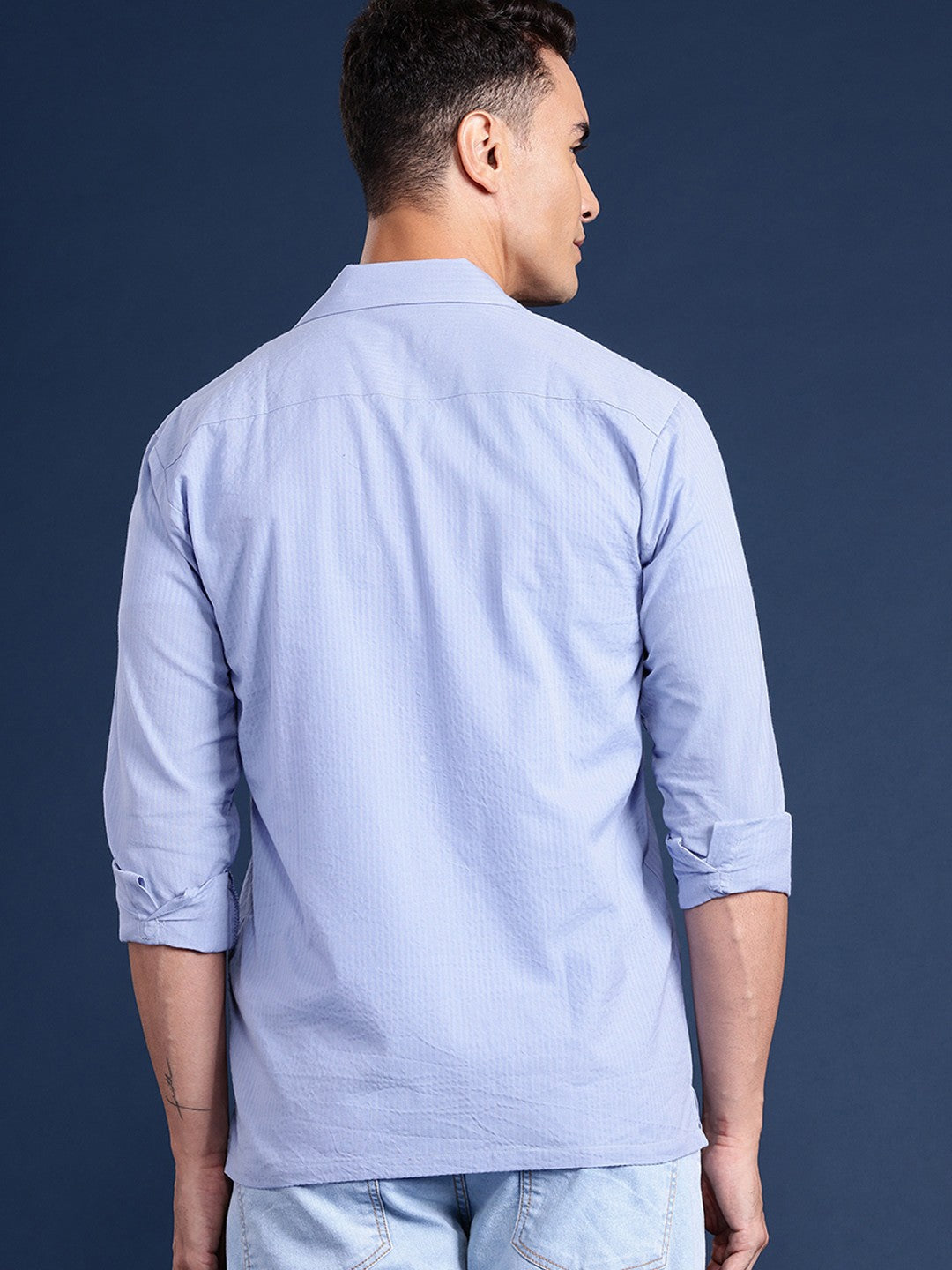 Men Blue Solid Pure Cotton Relaxed Fit Casual Shirt