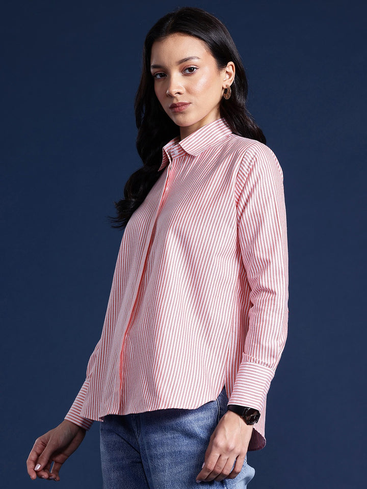 Women White & Coral Stripes Pure Cotton Boyfriend Fit Formal Shirt