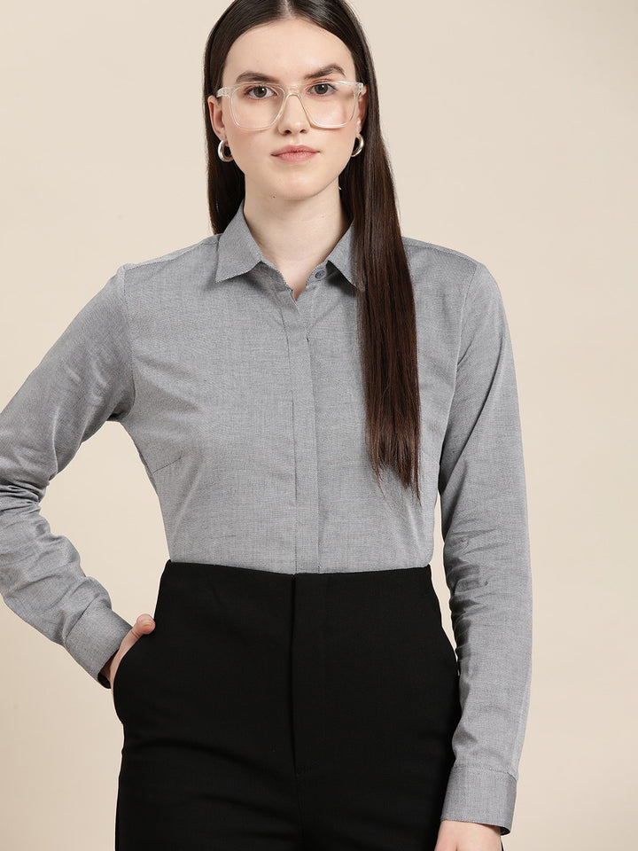 Women Grey Solid Self Design Pure Cotton Formal Shirt