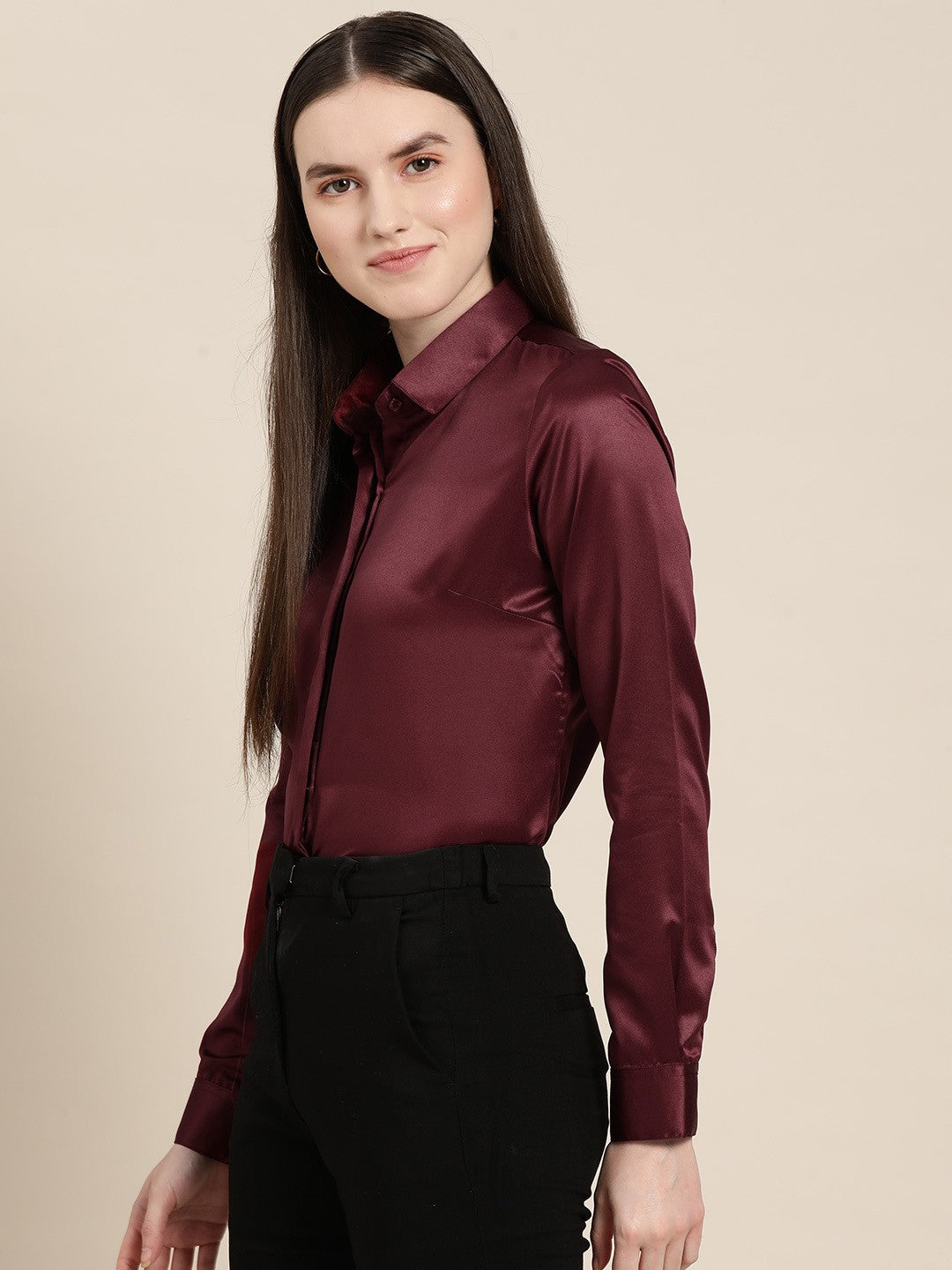 Women Maroon Solid Satin Formal Shirt