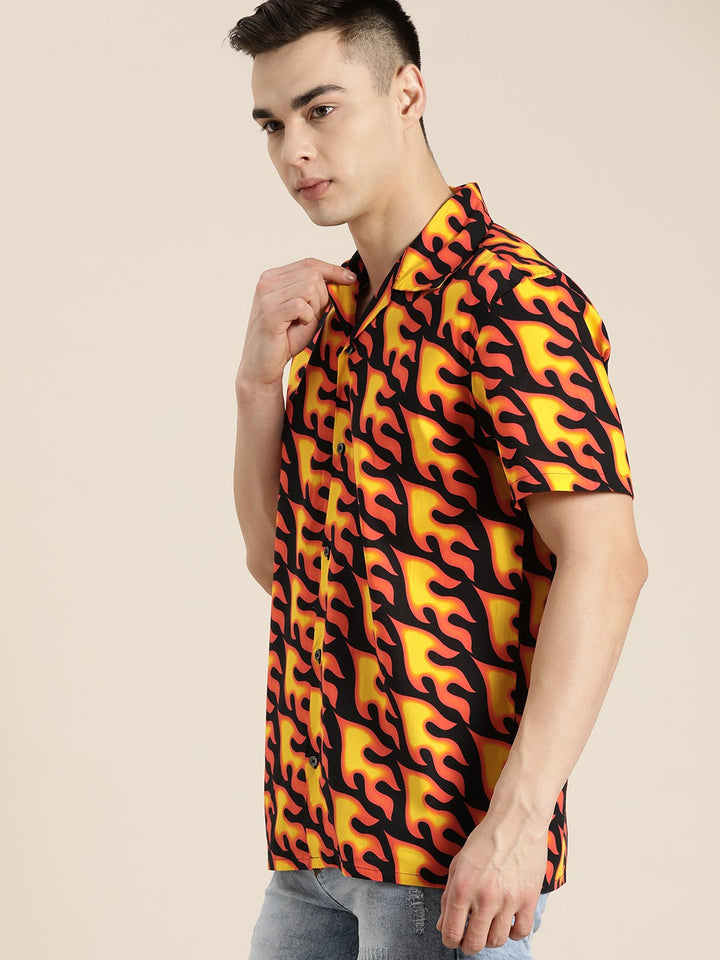 Men Yellow & Black Abstract Cotton Regular Fit Casual Shirt