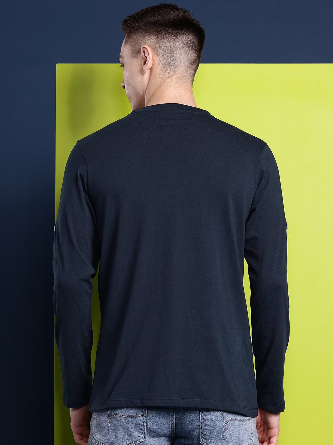 Men Navy Solid Pure Cotton Relaxed Fit Henley T-Shirt