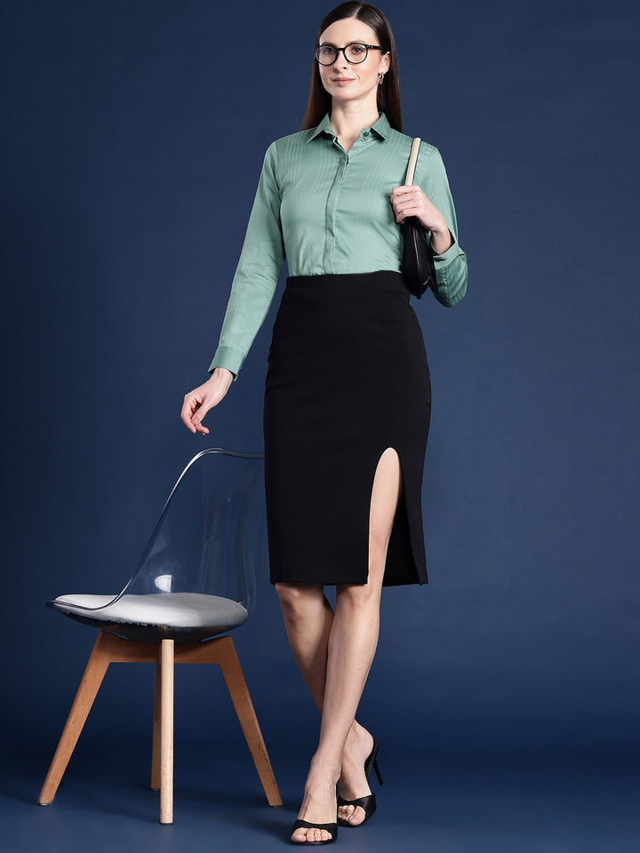 Women Green Solid Self Design, Pure Cotton Stretchable Wrinkle Free Formal Shirt