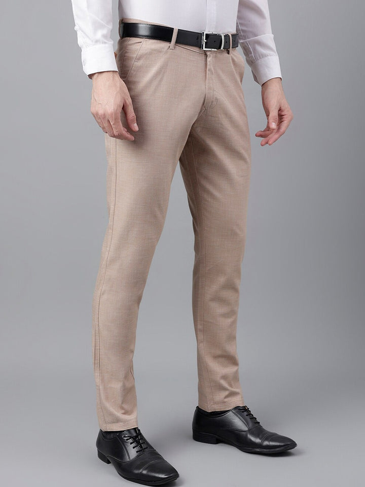 Men Beige Solid Cotton Elastane Slim Fit Formal Trouser