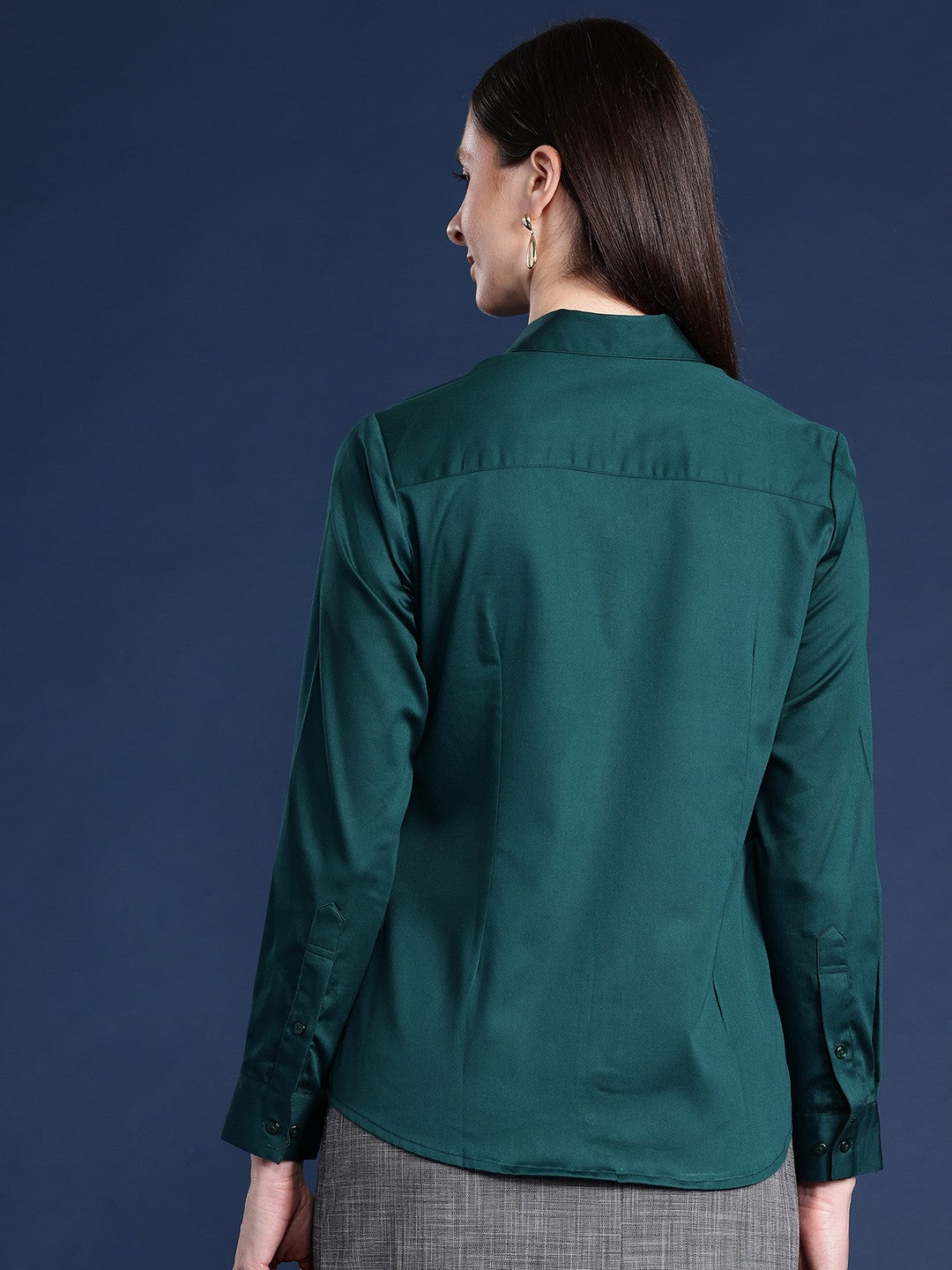 Women Green Solid Cotton Satin Stretchable Wrinkle Free Formal Shirt