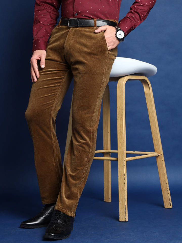 Men Cinnamon Brown Solid Pure Cotton Velvet Stretchable Slim Fit Party Trousers