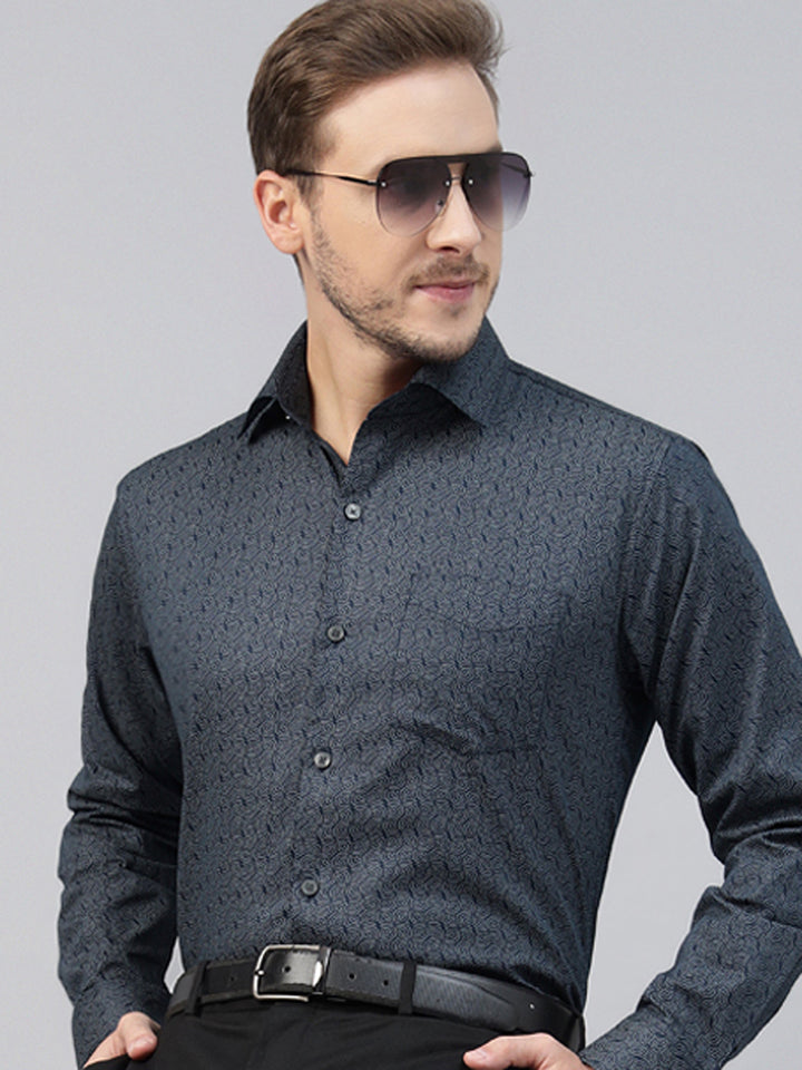 Men Navy Blue Printed Pure Cotton Slim Fit Party Shirt