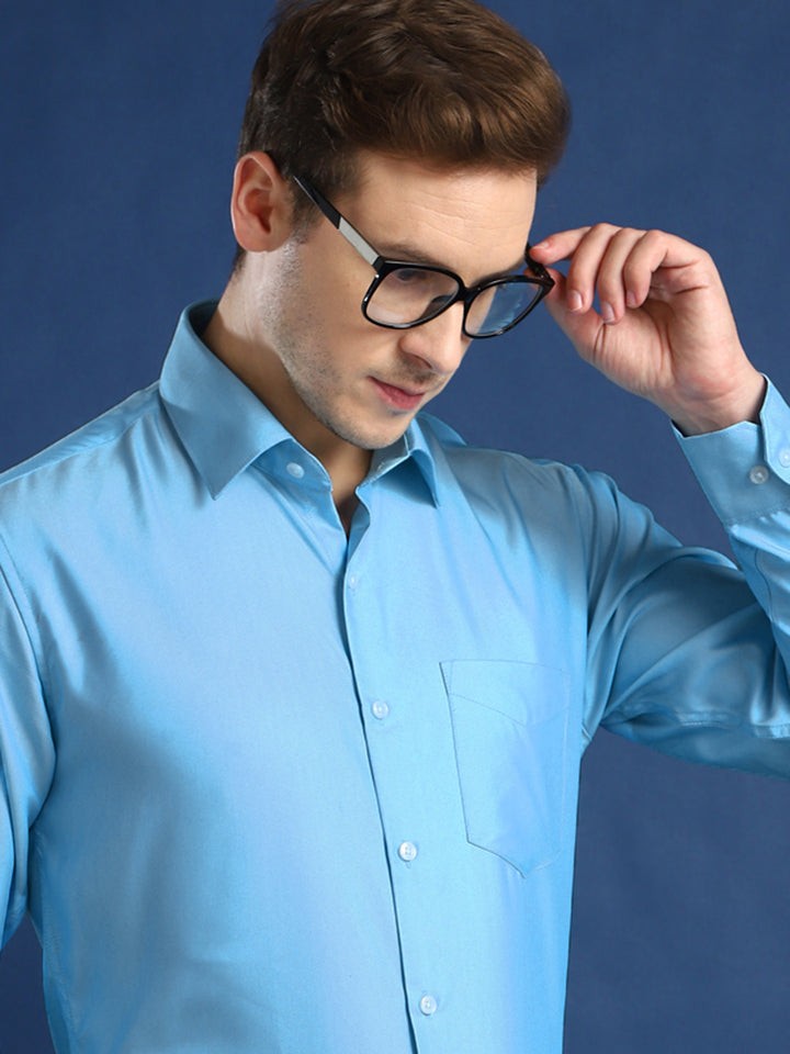 Men Blue Self Design Cotton Slim Fit Formal Shirt