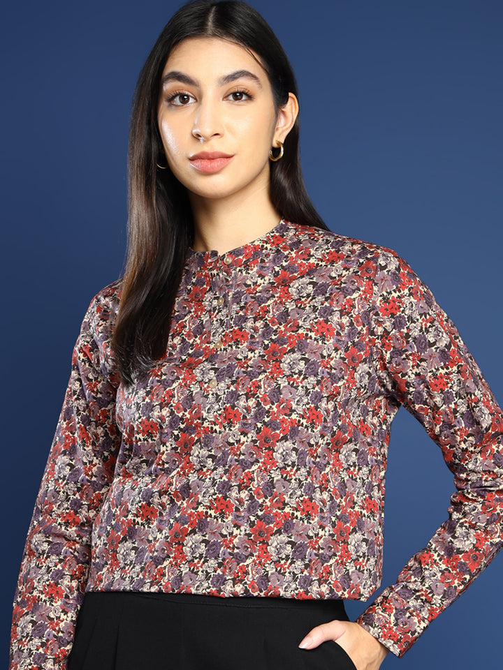 Women Floral Red & Beige Pure Cotton Mandarin Collar Formal Top