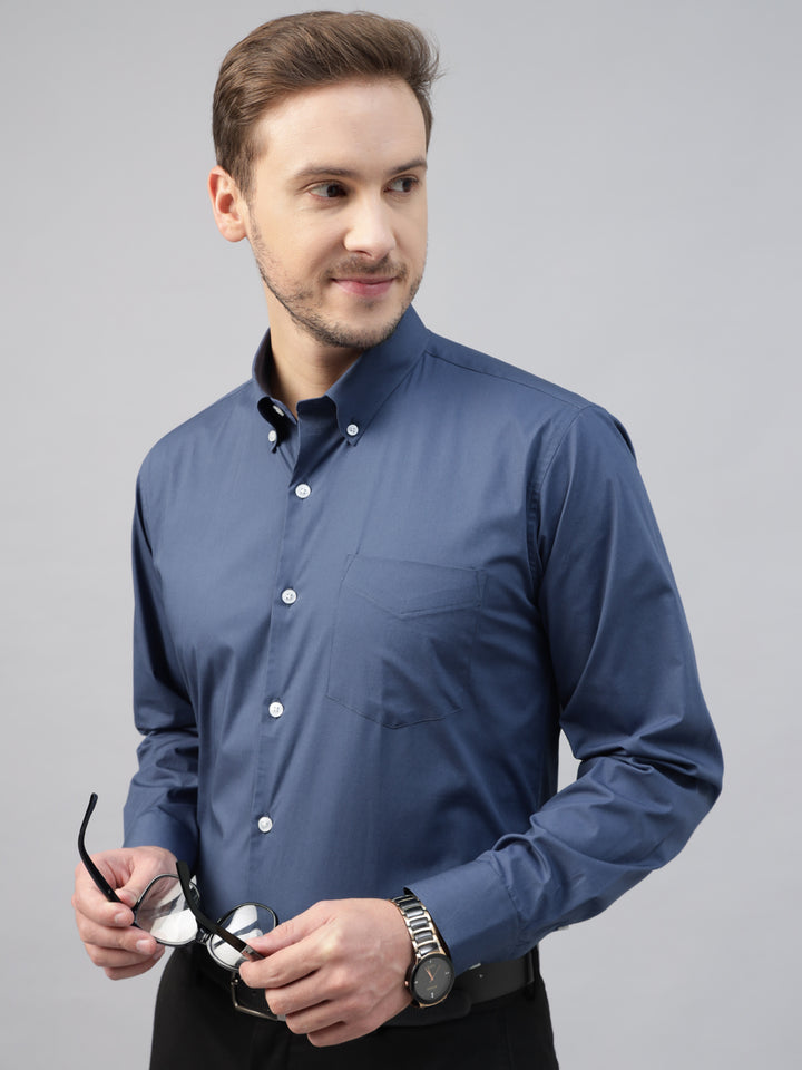 Men Bluish Grey Solid Pure Cotton Slim Fit Button Down Collar Formal Shirt