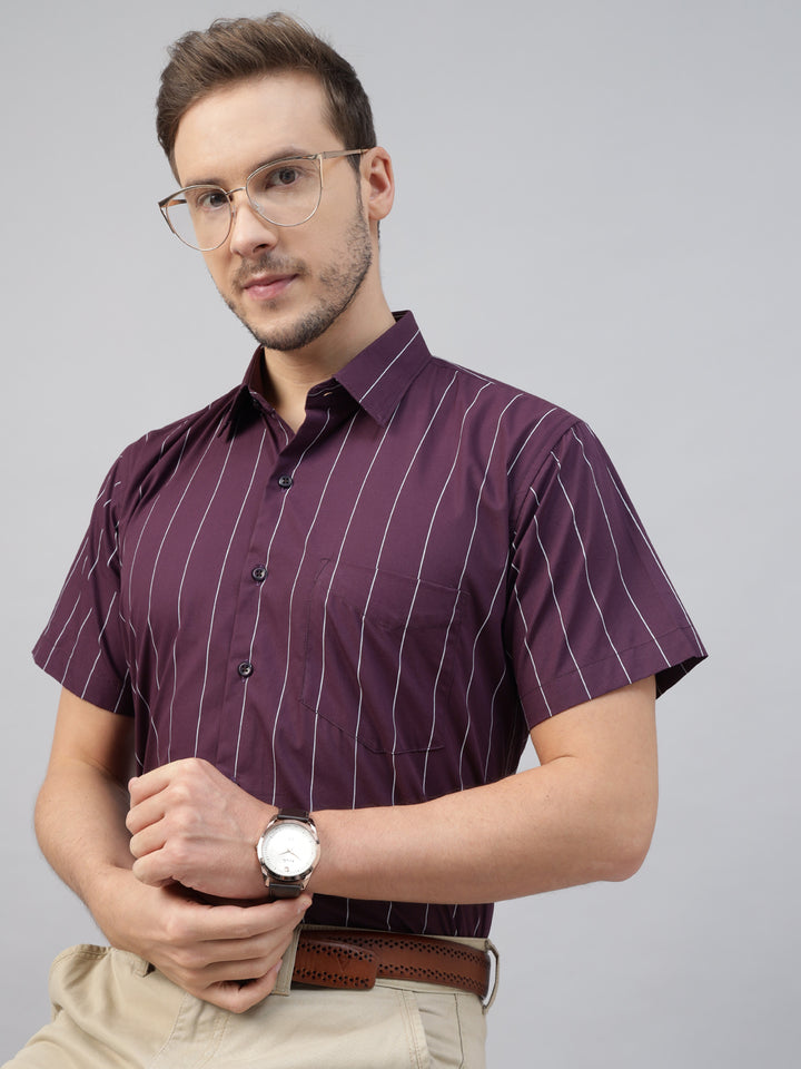 Men Burgundy Striped Pure Cotton Slim Fit Short Sleeve Formal Shirt