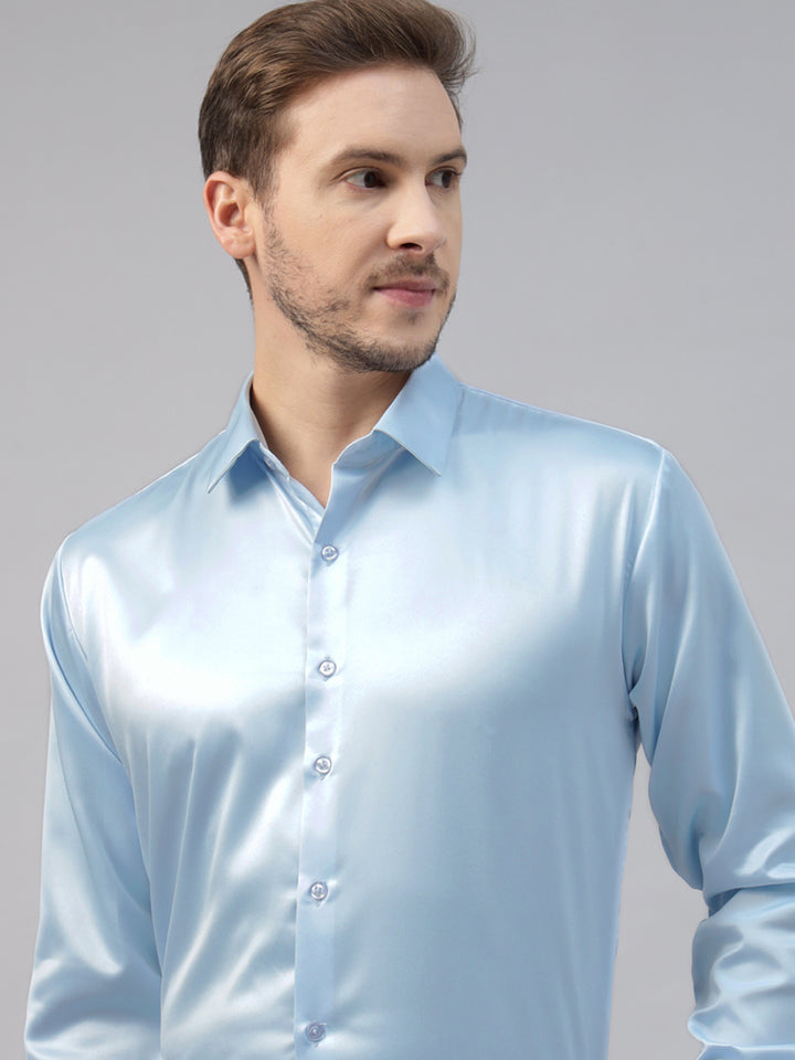 Men Sky Blue Solid Satin Slim Fit Tuxedo Party Shirt