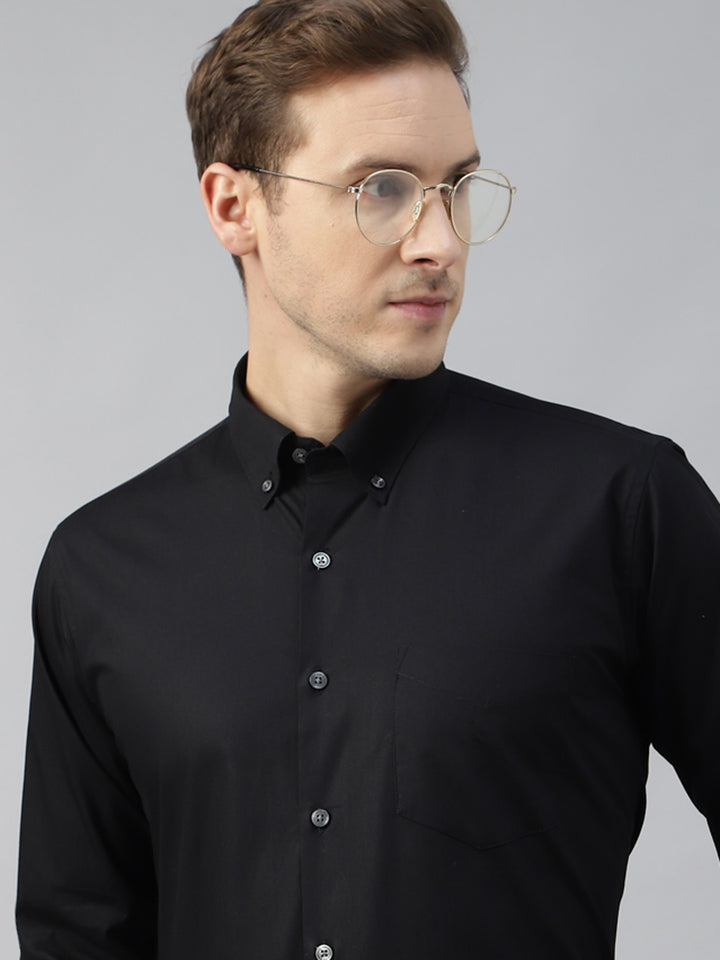 Men Black Solid Cotton Slim Fit Button Down Collar Formal Shirt