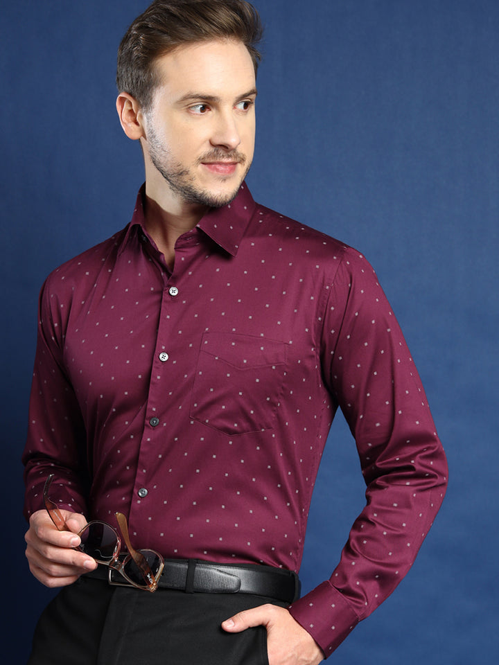 Men Burgundy Printed Pure Cotton Slim Fit Party Shirt