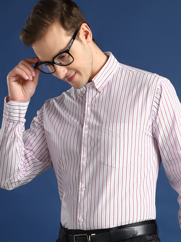 Men White & Red Striped Cotton Slim Fit Formal Shirt