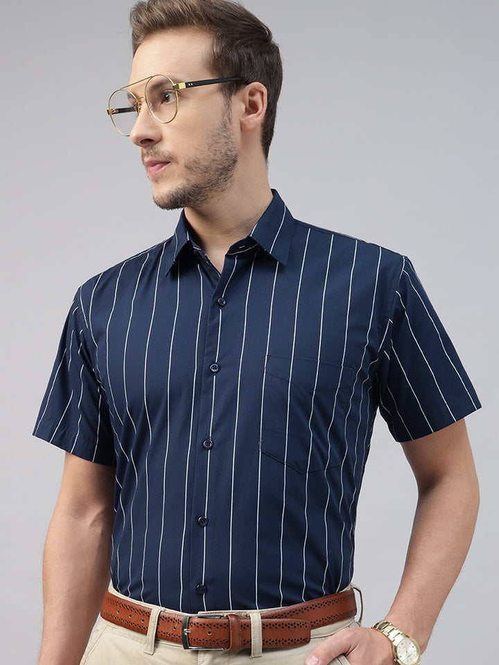 Men Navy Blue Striped Pure Cotton Slim Fit Short Sleeve Formal Shirt