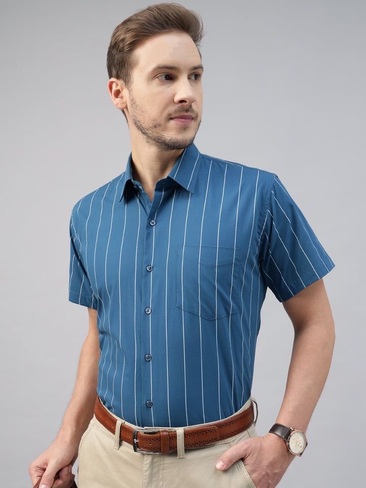 Men Turquoise Blue Striped Pure Cotton Slim Fit Short Sleeve Formal Shirt