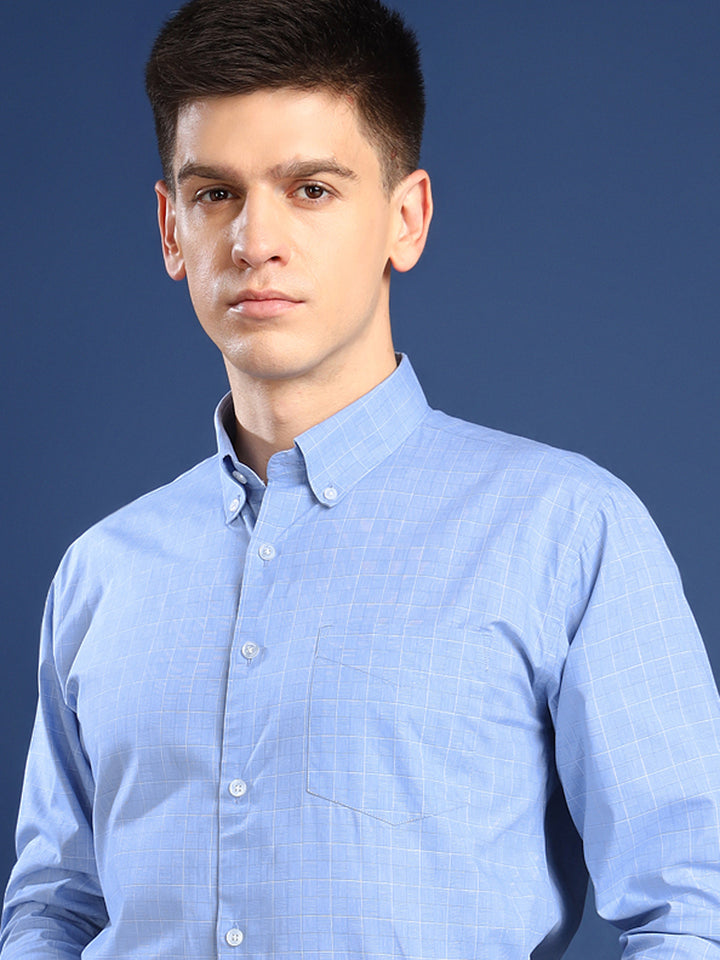 Men Blue Checked Cotton Slim Fit Formal Shirt