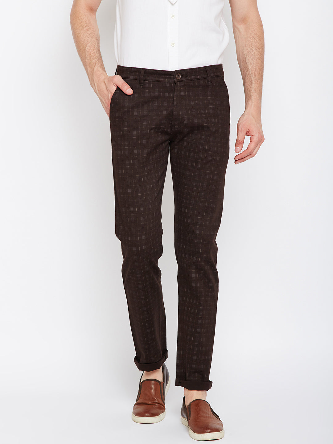 Men Brown Checked Cotton Stretch Casual Trouser