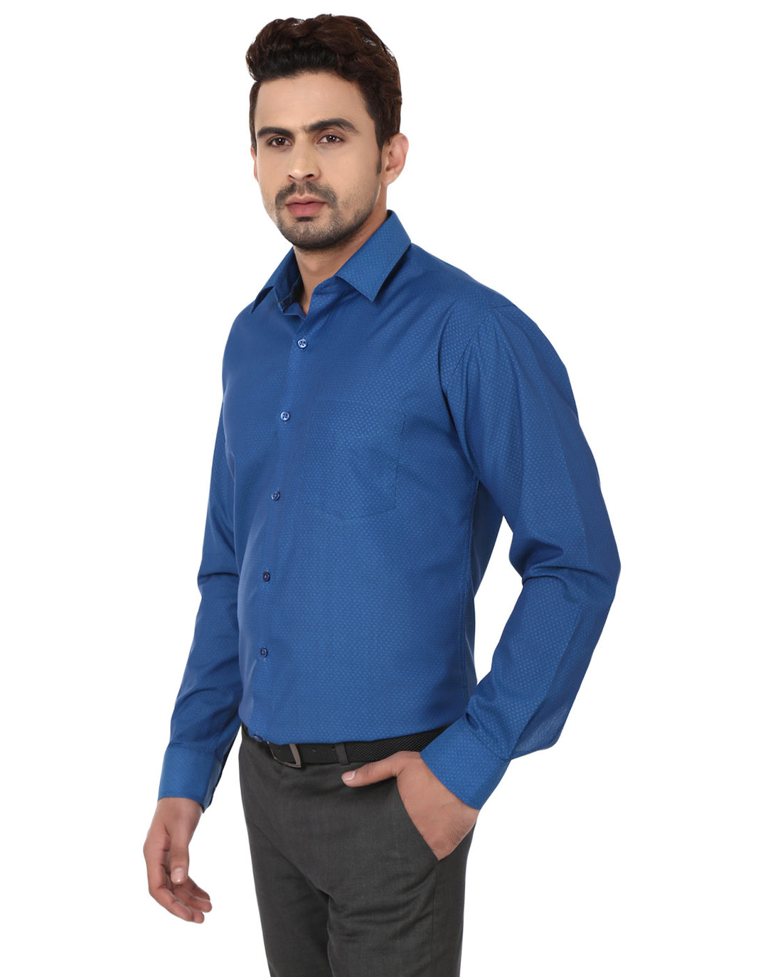 Men Turquoise Blue Slim Fit Solid Dobby Cotton Rich Formal Shirt