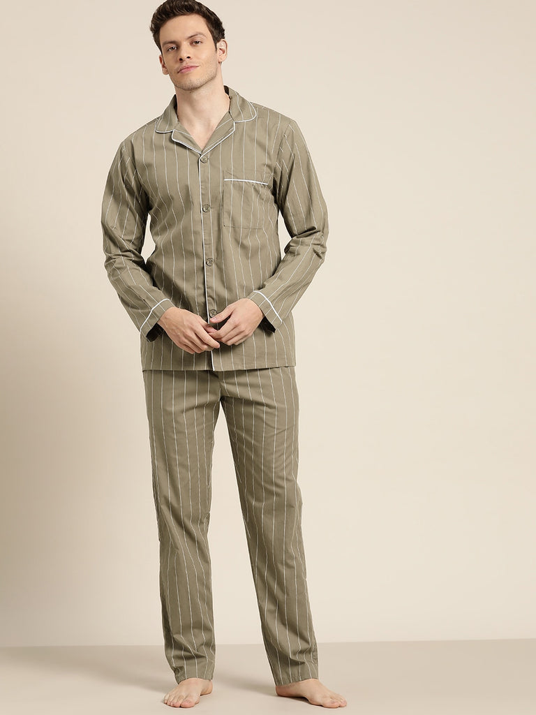 Men Black Stripes Pure Cotton Regular Fit Night Wear Night Suit