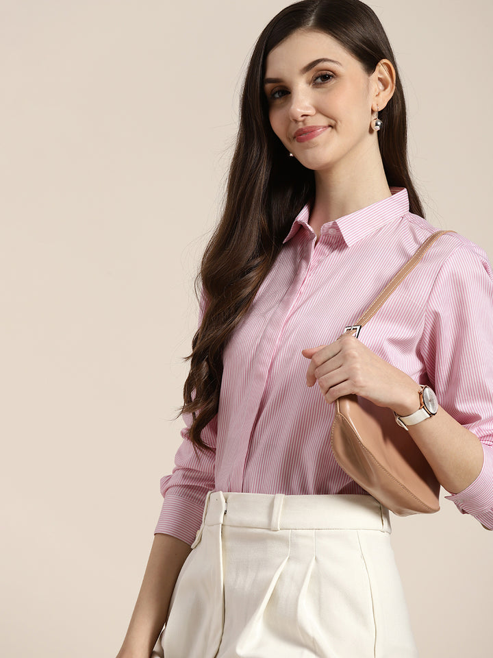 Women Pink Striped Pure Cotton Regular Fit Formal Shirt