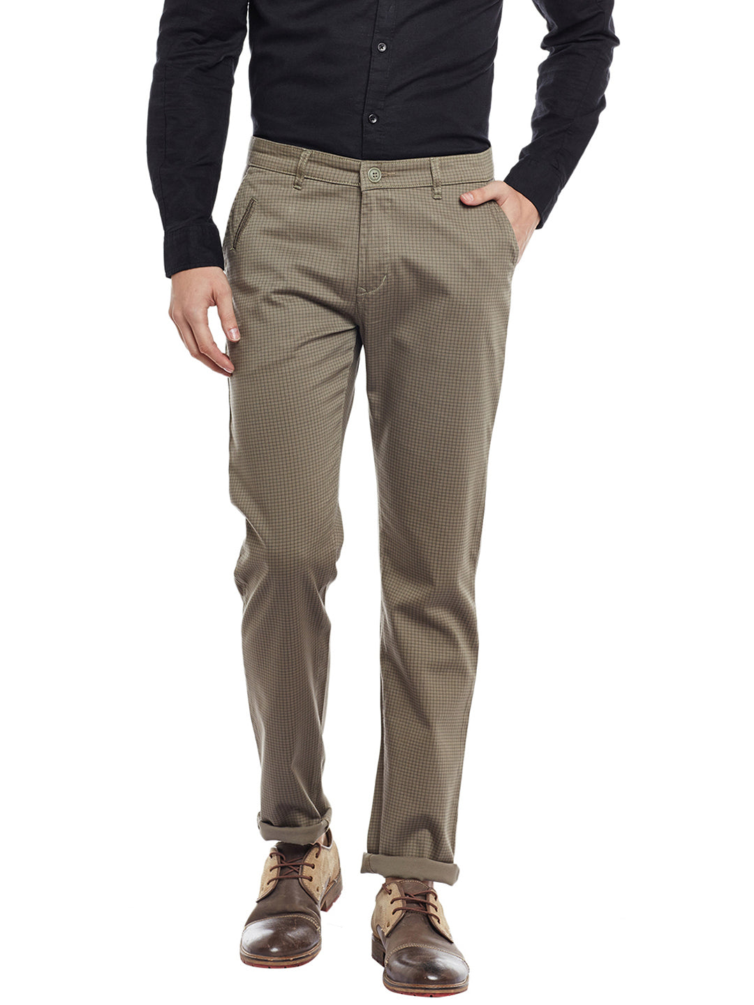 Men Brown Checked Cotton Stretch Slim Fit Casual Chinos Trouser