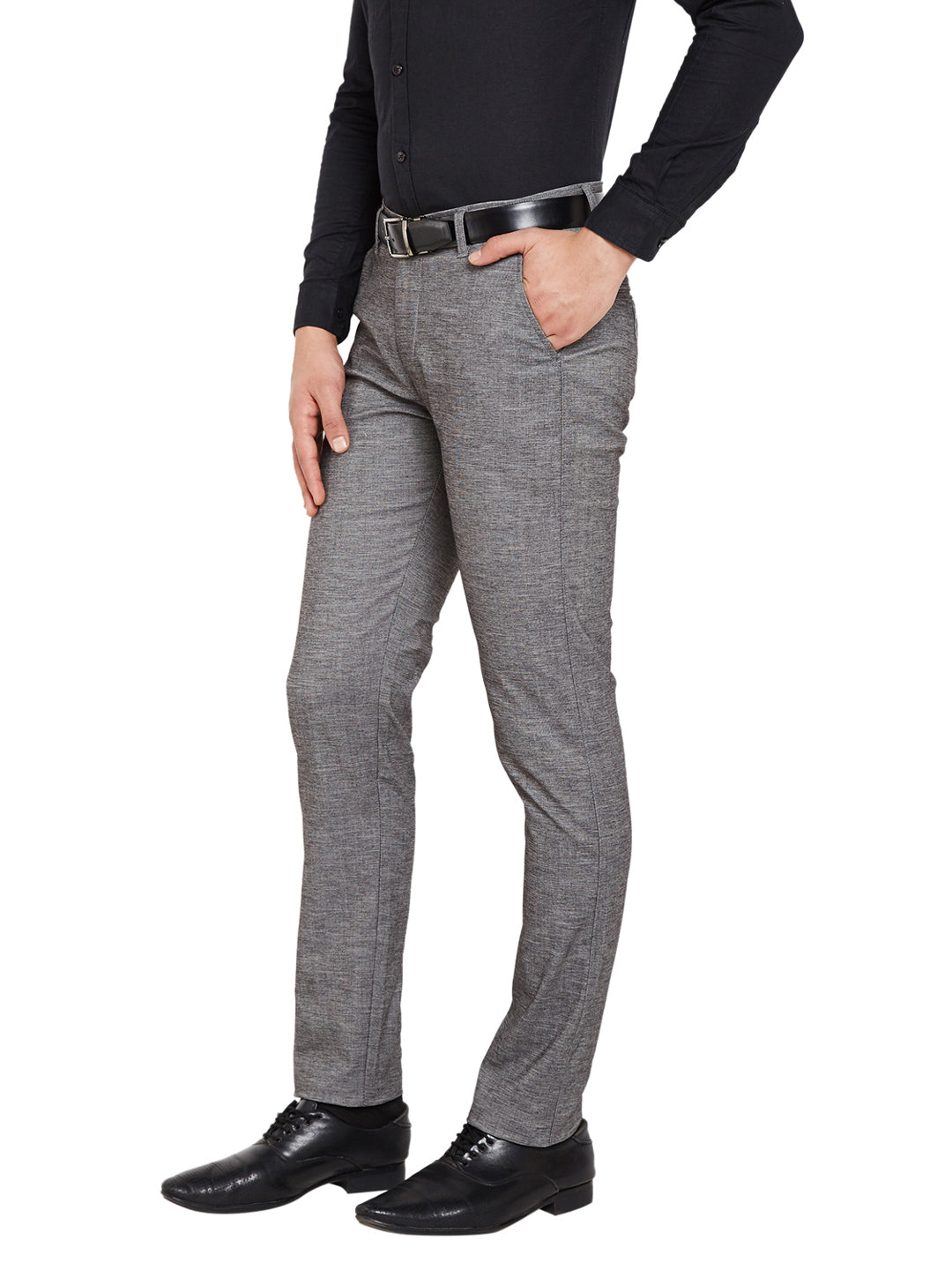 Men Grey Self Design Solid Stretchable Mid Rise Slim Fit Chinos Trouser