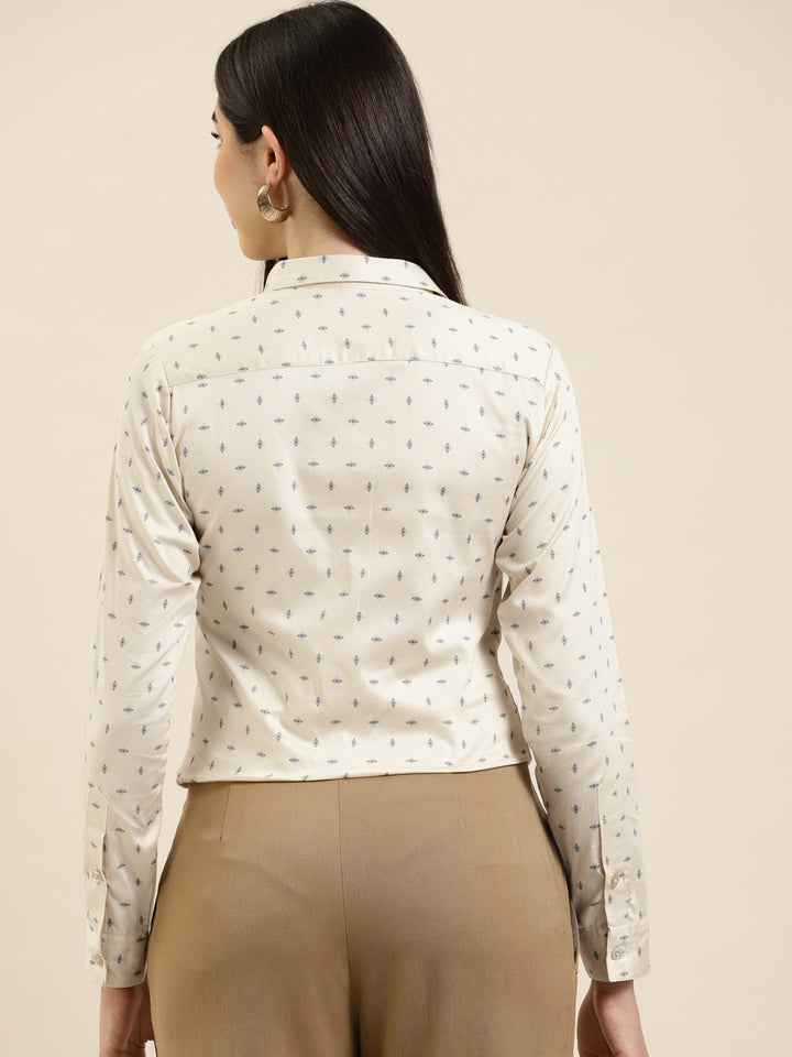 Women Beige Printed Cotton Slim Fit Formal Shirt