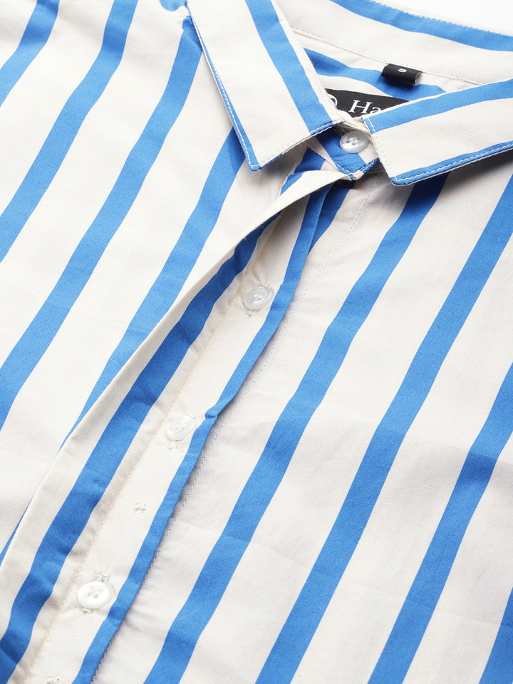 Women Cream & Blue Stripes Pure Cotton Slim Fit Formal Shirt