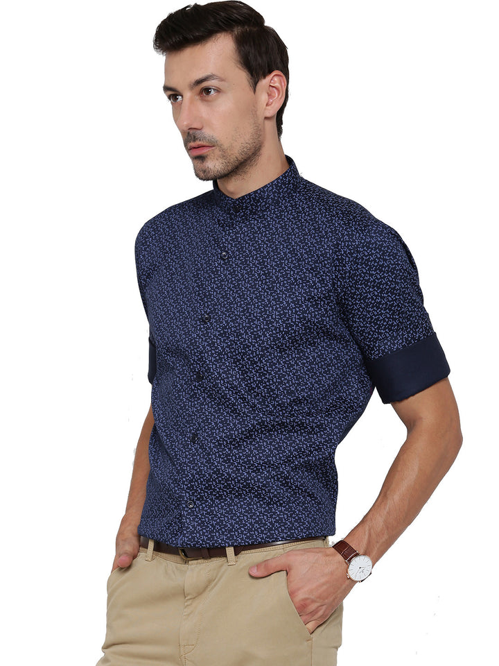 Men Navy Printed Pure Cotton Slim Fit Formal Shirt