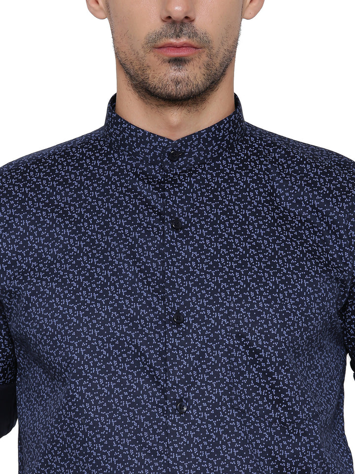 Men Navy Printed Pure Cotton Slim Fit Formal Shirt