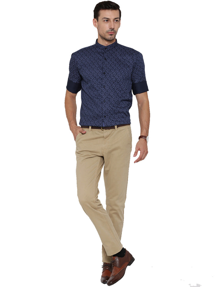 Men Navy Printed Pure Cotton Slim Fit Formal Shirt