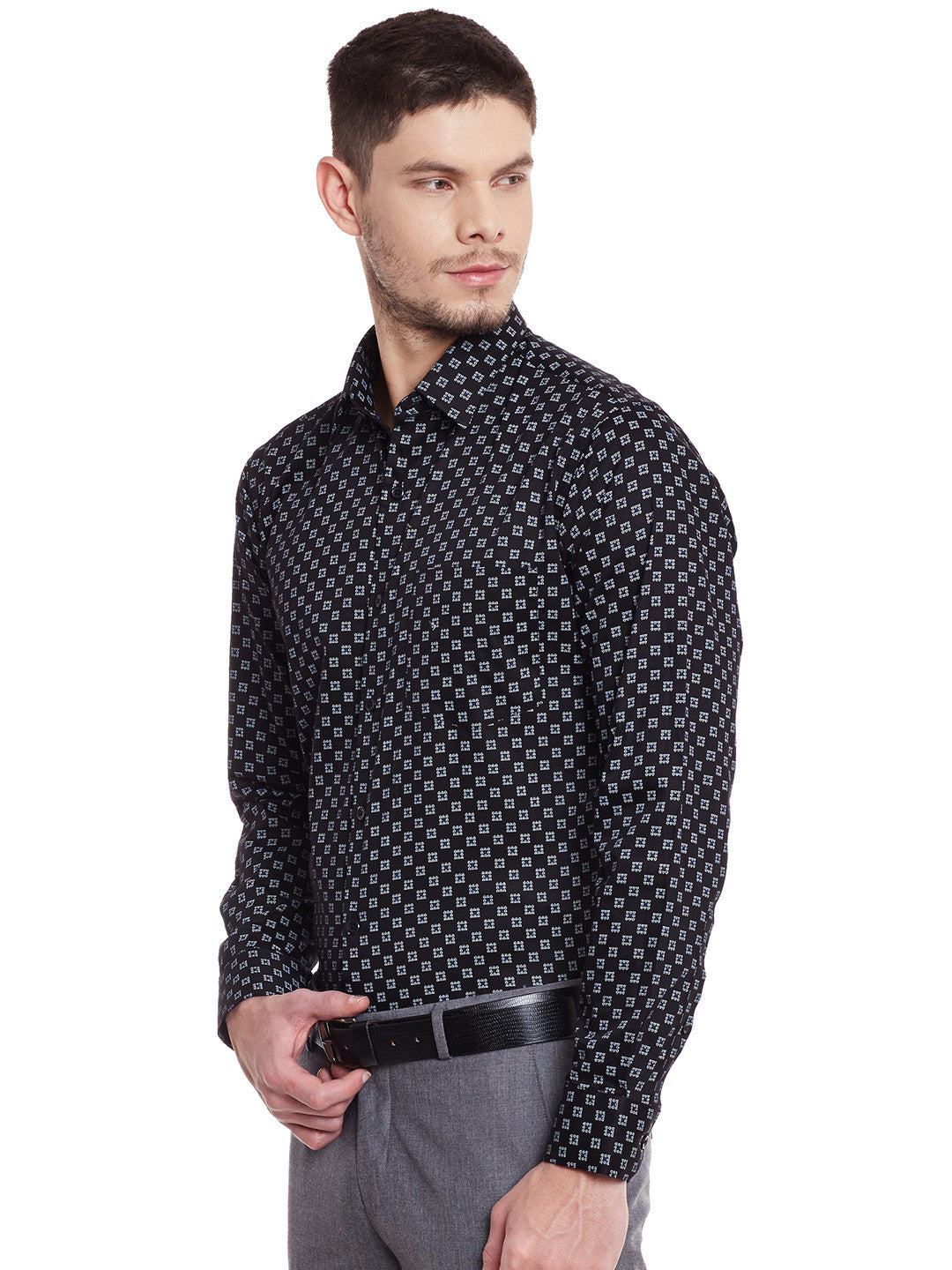 Men Black Printed Pure Cotton Slim Fit Formal Shirt