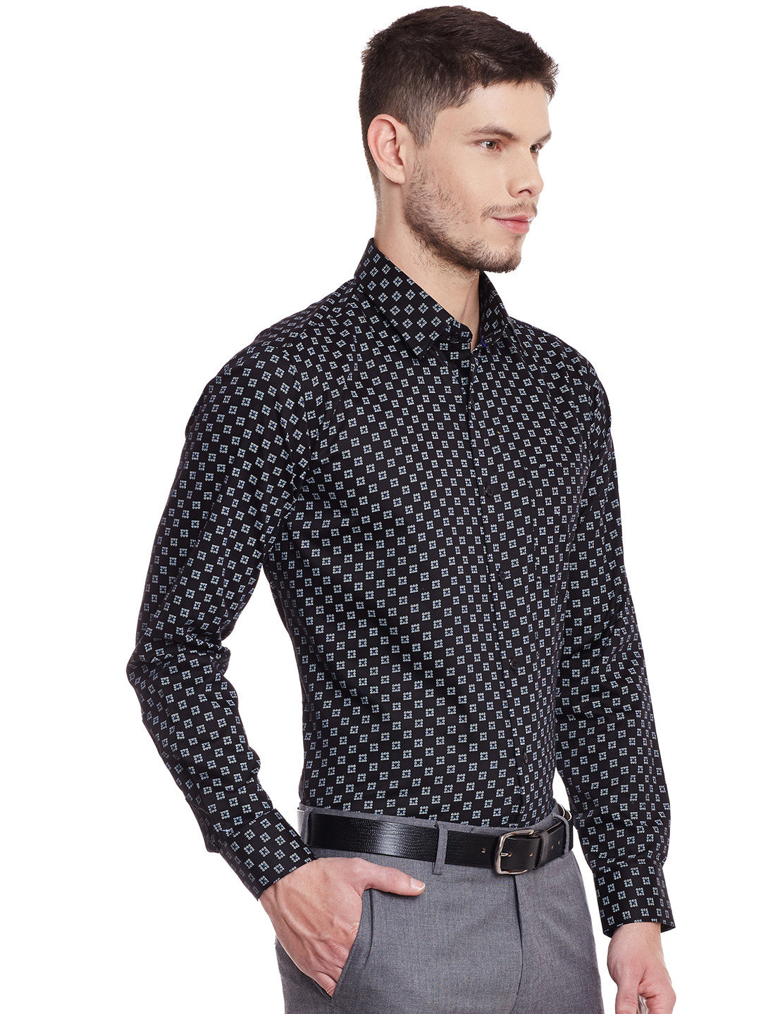 Men Black Printed Pure Cotton Slim Fit Formal Shirt