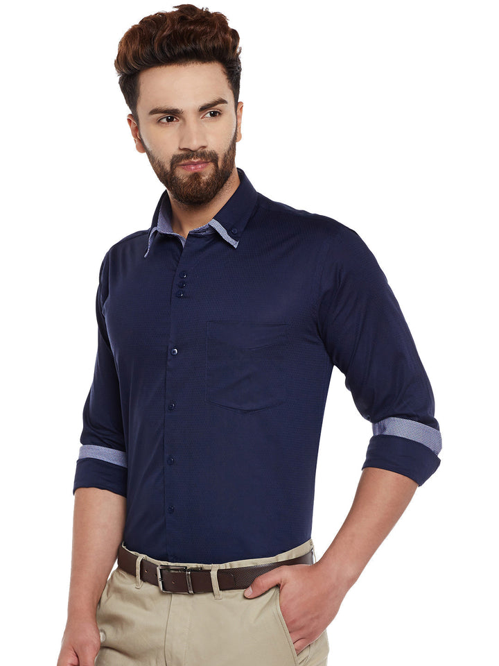 Men Navy Solid Pure Cotton Slim Fit  Casual Shirt