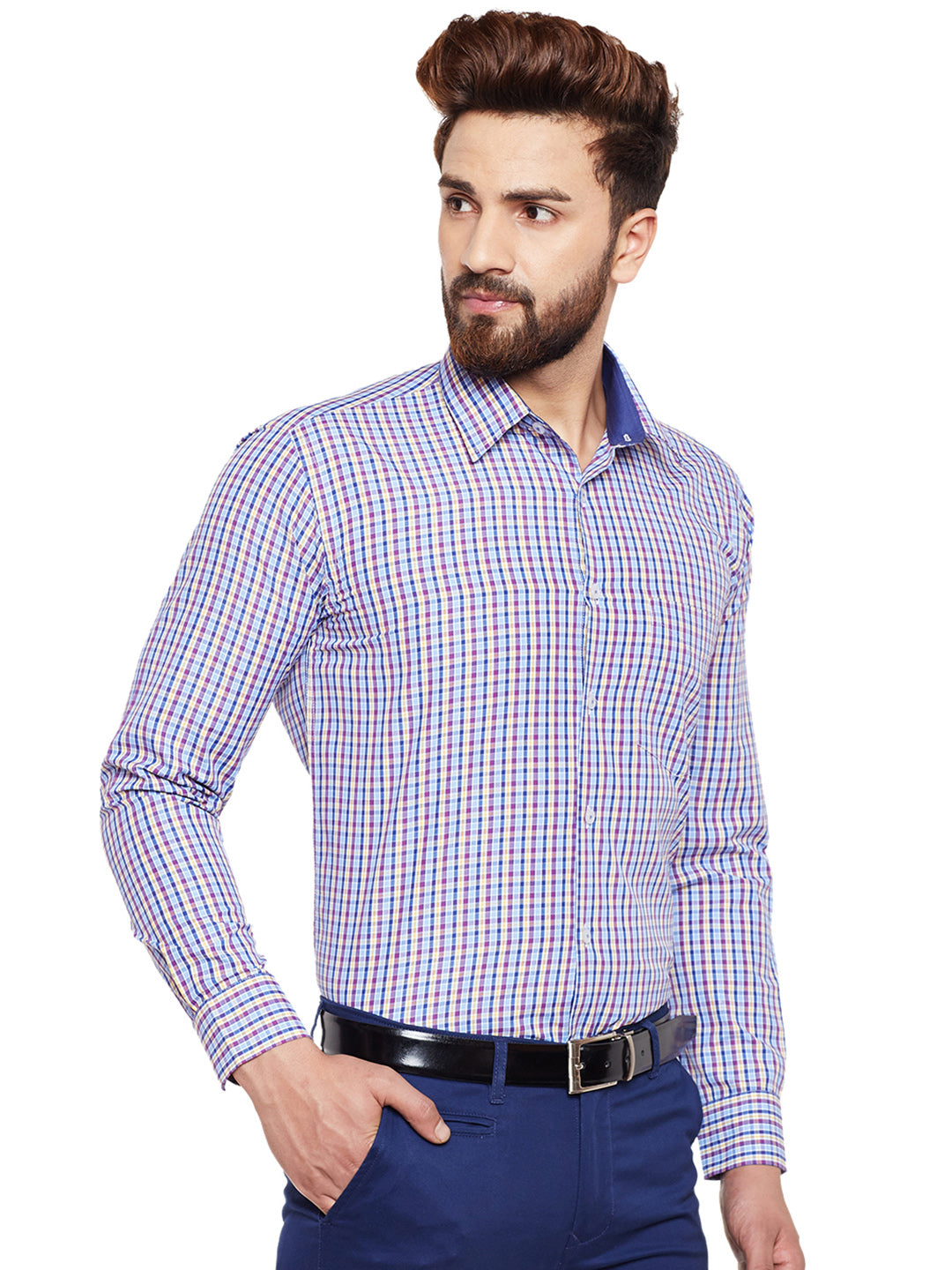 Men Purple Checked Slim Fit Formal Shirt