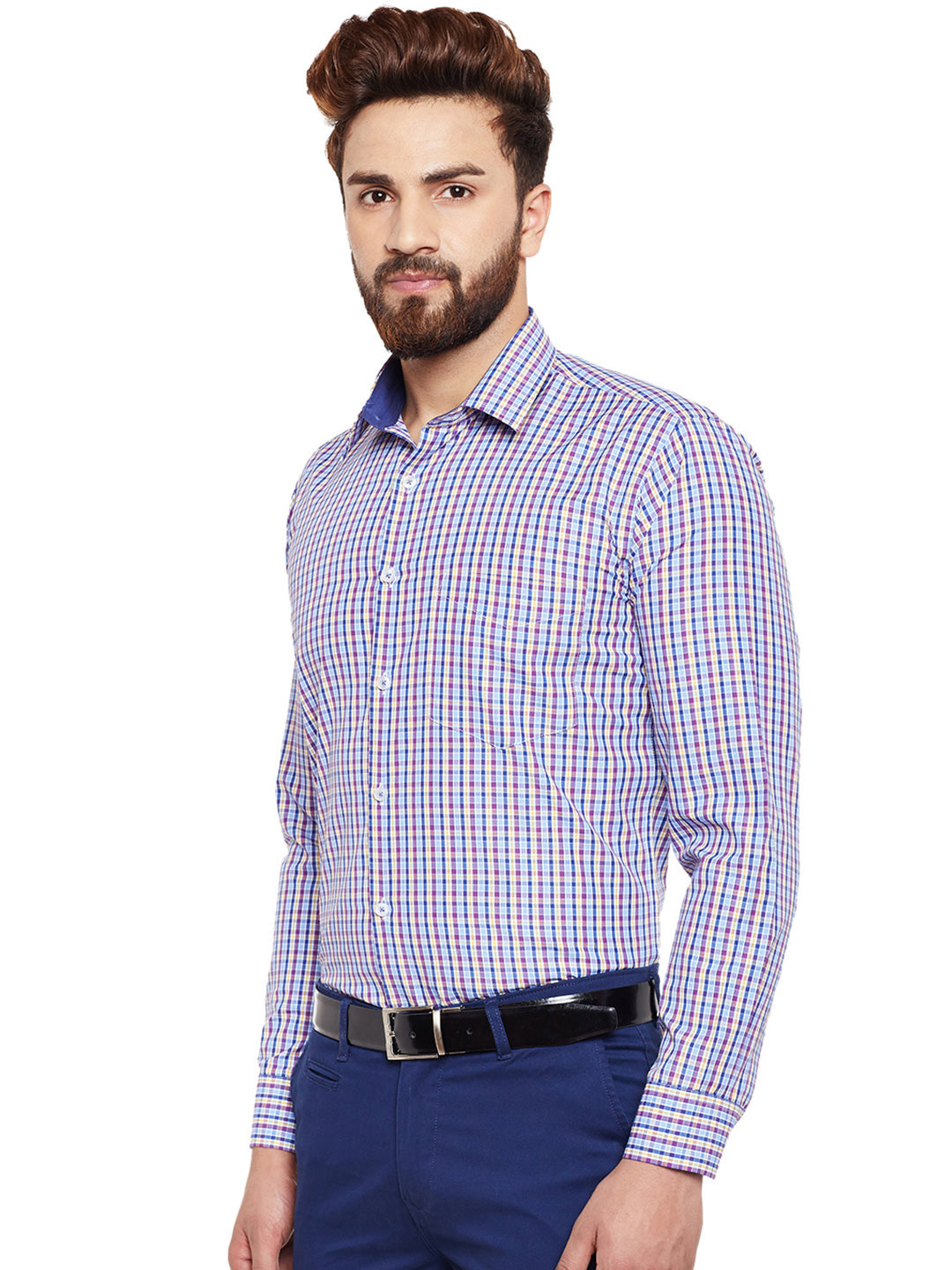 Men Purple Checked Slim Fit Formal Shirt