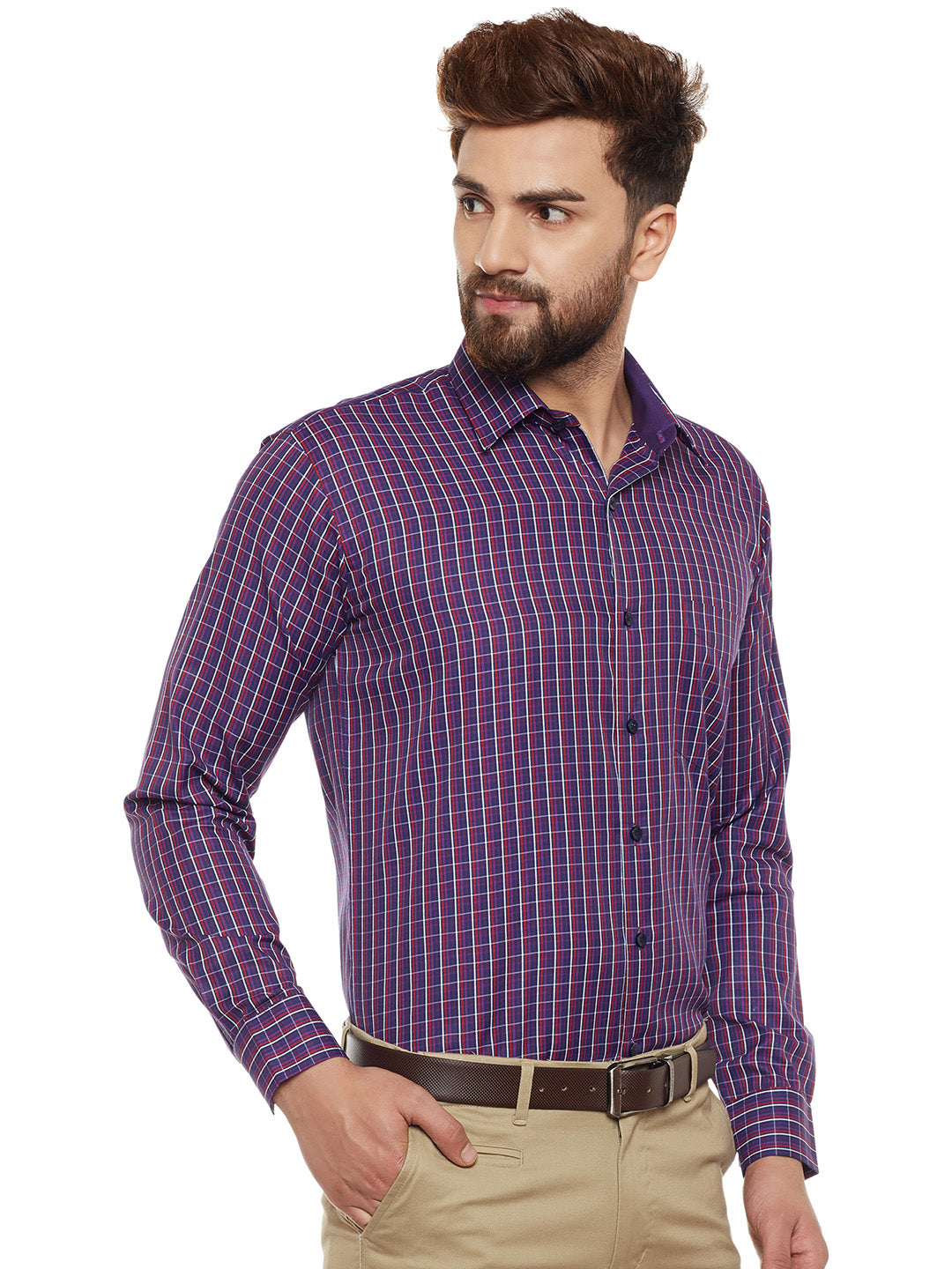 Men Navy Checked Slim Fit Formal Shirt