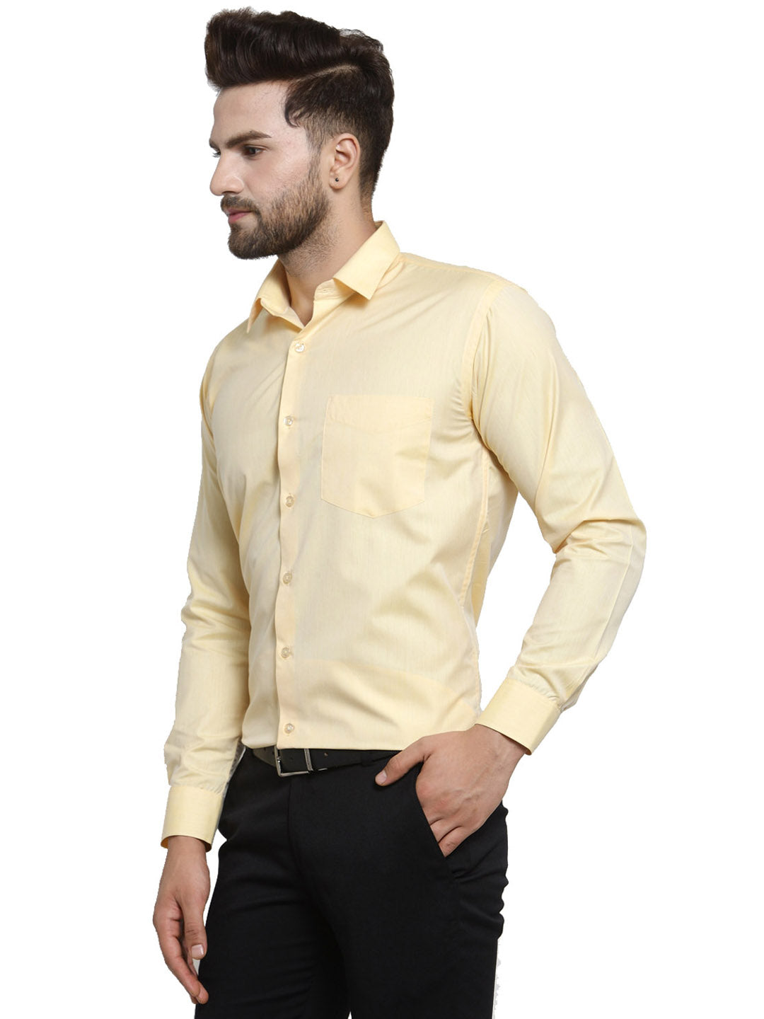 Men Yellow Solid Slim Fit Pure Cotton Formal Shirt