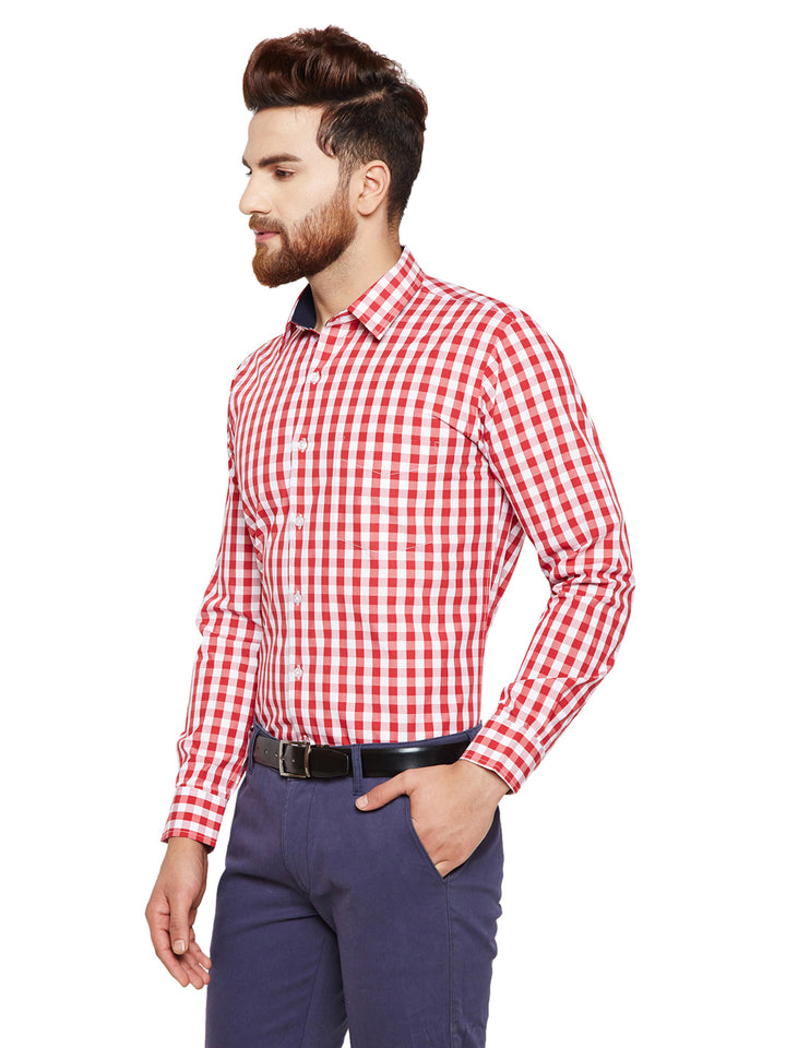 Men Red Checks Slim Fit Pure Cotton Formal Shirt