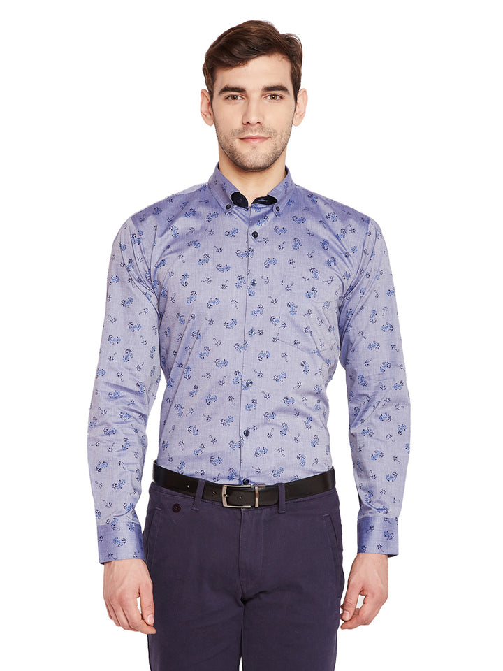 Men Blue & Grey Prints Slim Fit Pure Cotton Formal Shirt