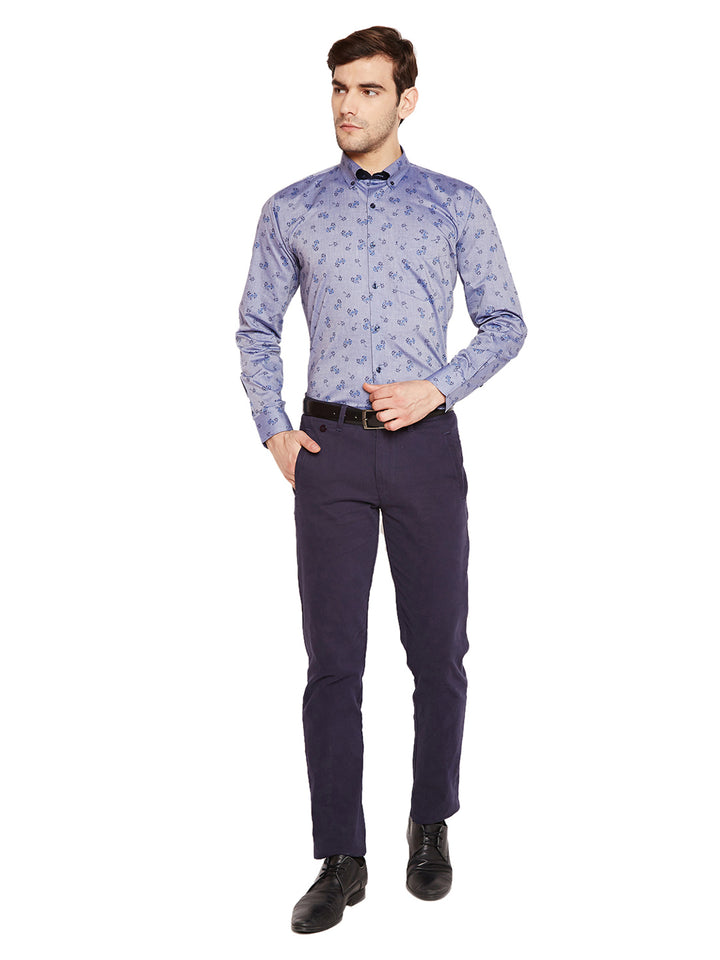 Men Blue & Grey Prints Slim Fit Pure Cotton Formal Shirt