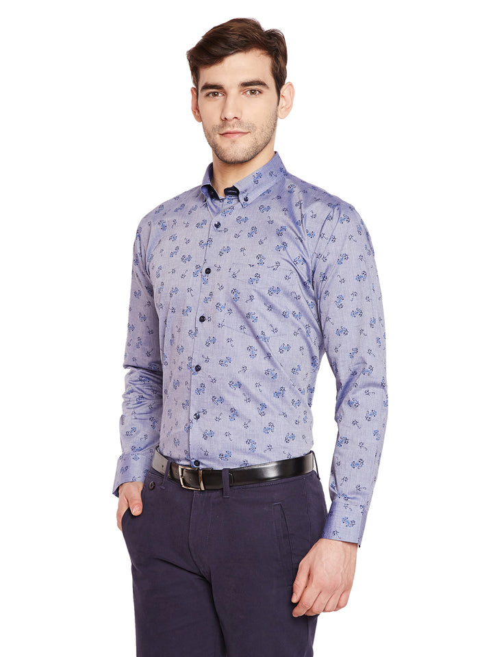 Men Blue & Grey Prints Slim Fit Pure Cotton Formal Shirt