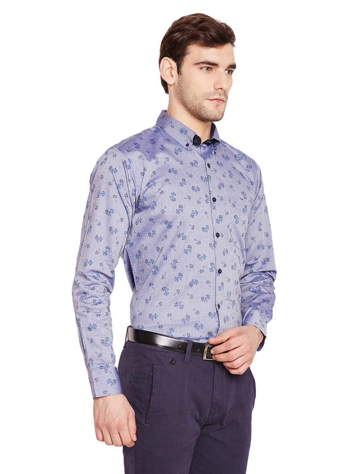 Men Blue & Grey Prints Slim Fit Pure Cotton Formal Shirt